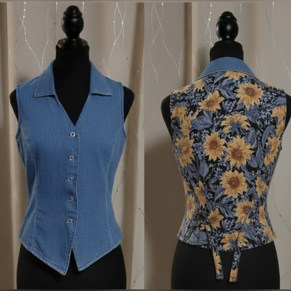 Vintage 90s Granite Denim Sunflower Vest - Made in USA - Boho Cottagecore - 7/8